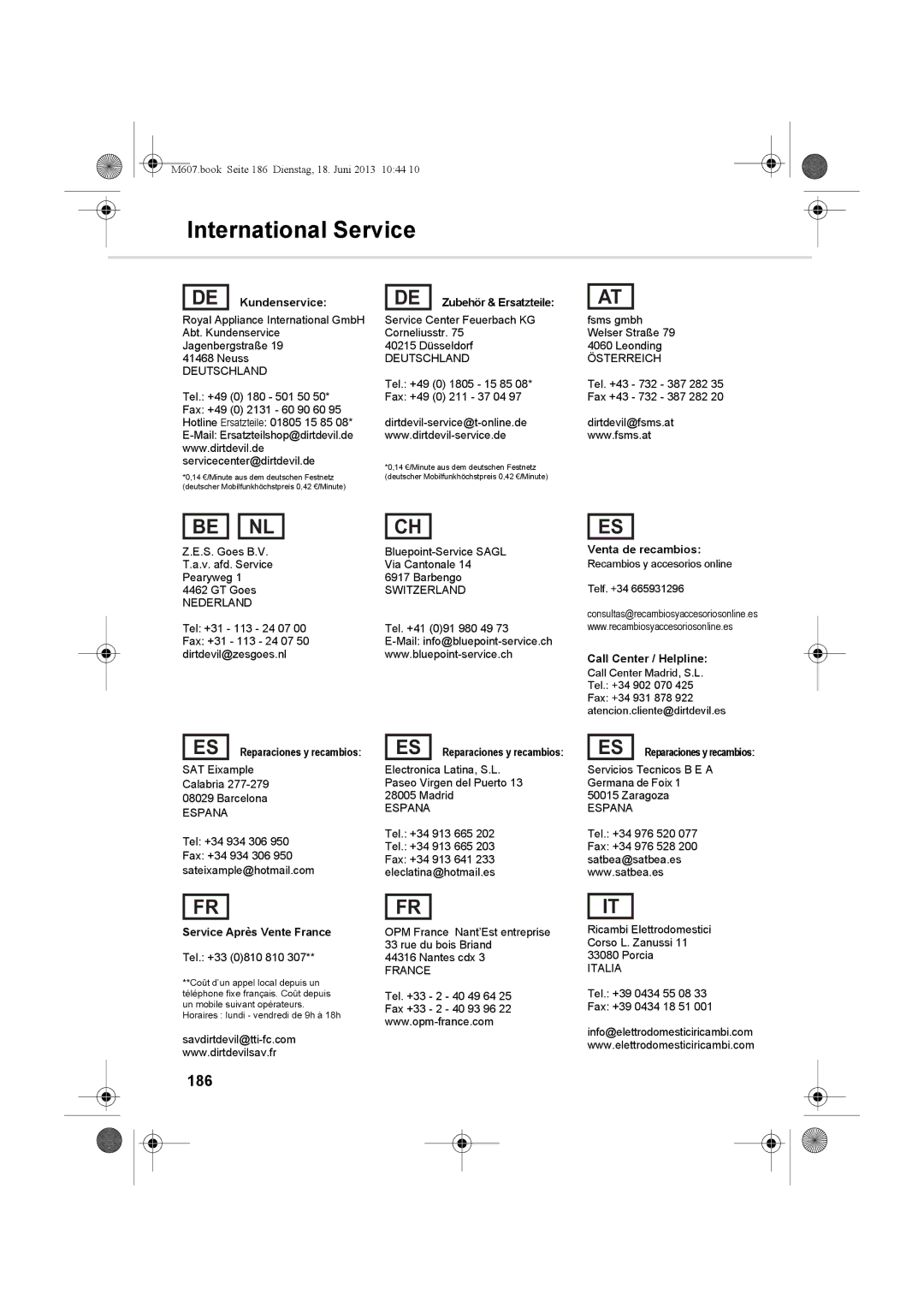 Dirt Devil m607 manual International Service, 186 