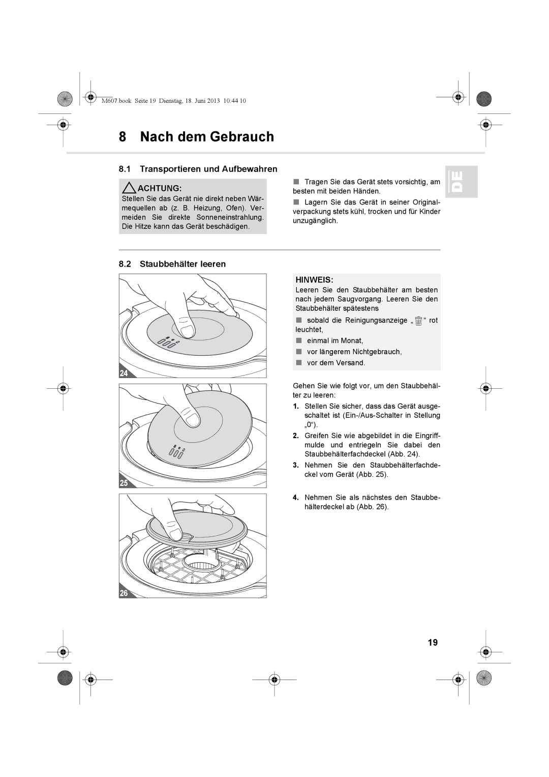 Dirt Devil m607 manual Nach dem Gebrauch, Transportieren und Aufbewahren 