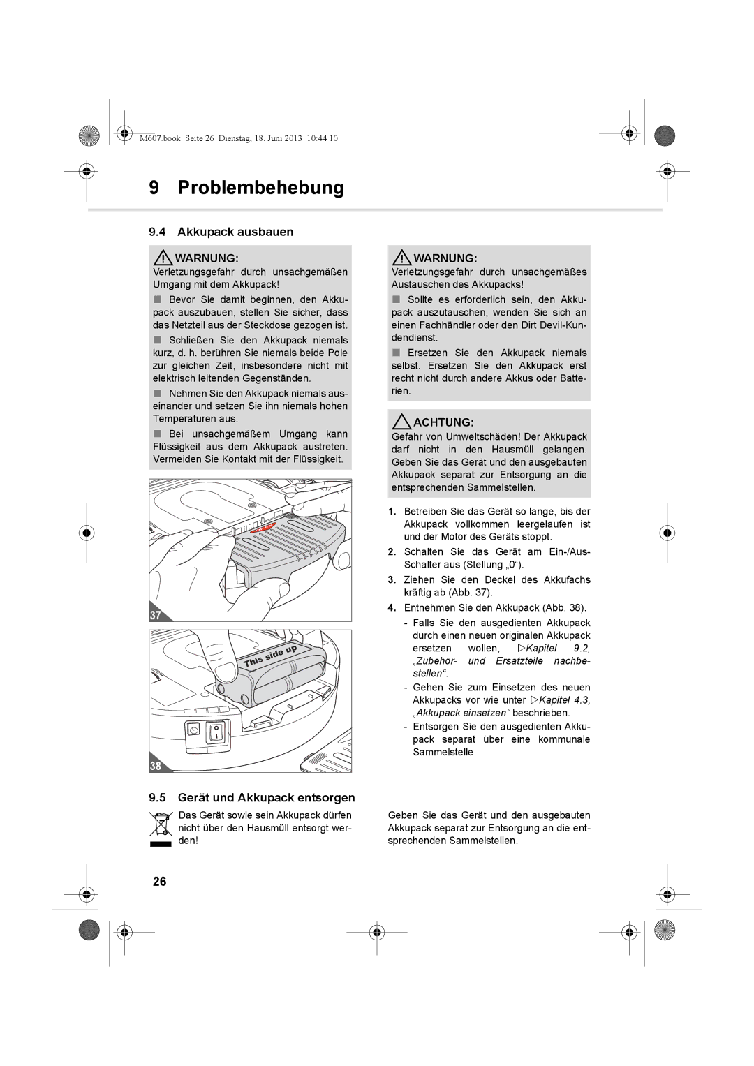 Dirt Devil m607 manual Akkupack ausbauen, Gerät und Akkupack entsorgen 