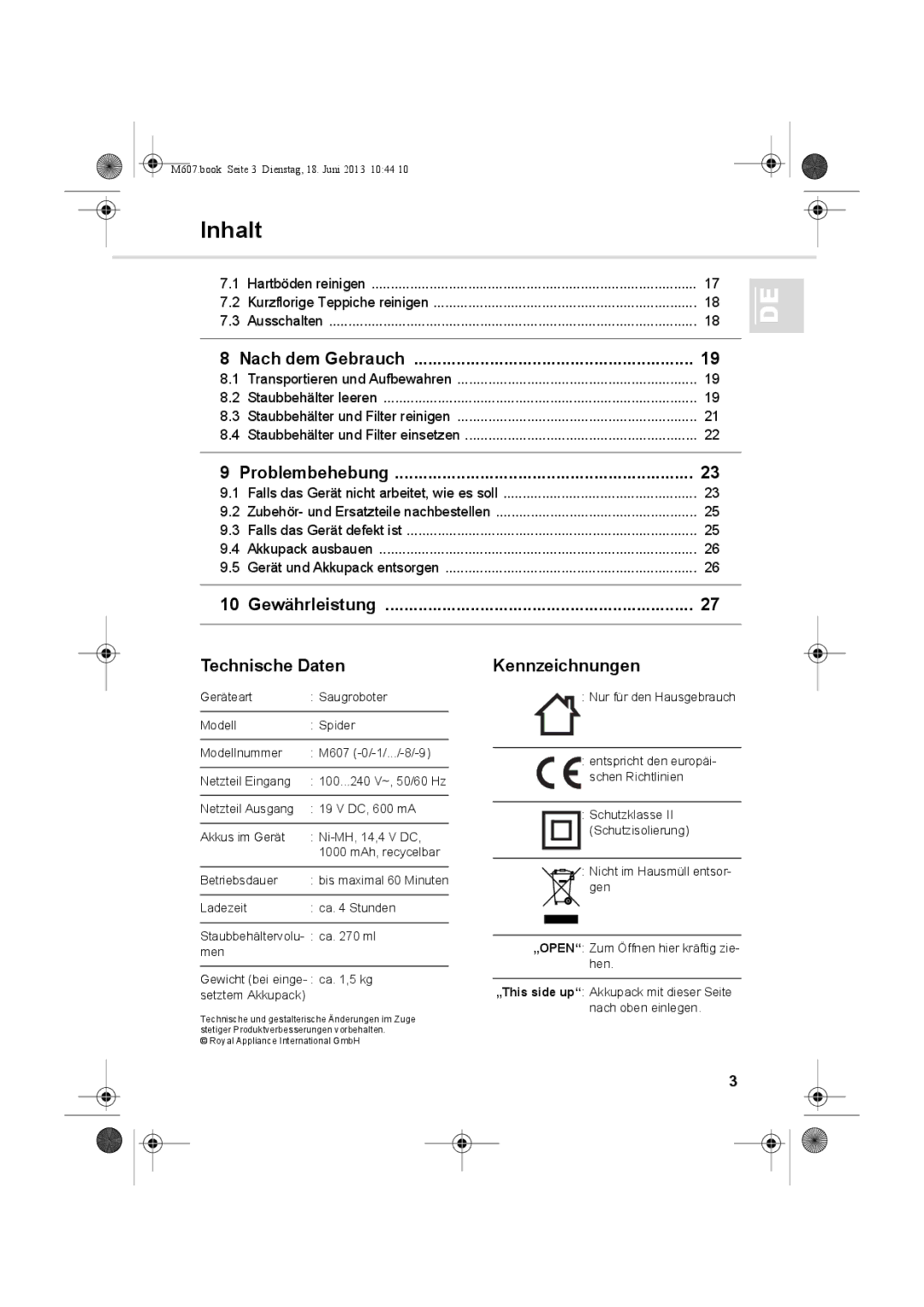 Dirt Devil m607 manual Nach dem Gebrauch, Problembehebung, 10 Gewährleistung Technische Daten, Kennzeichnungen 