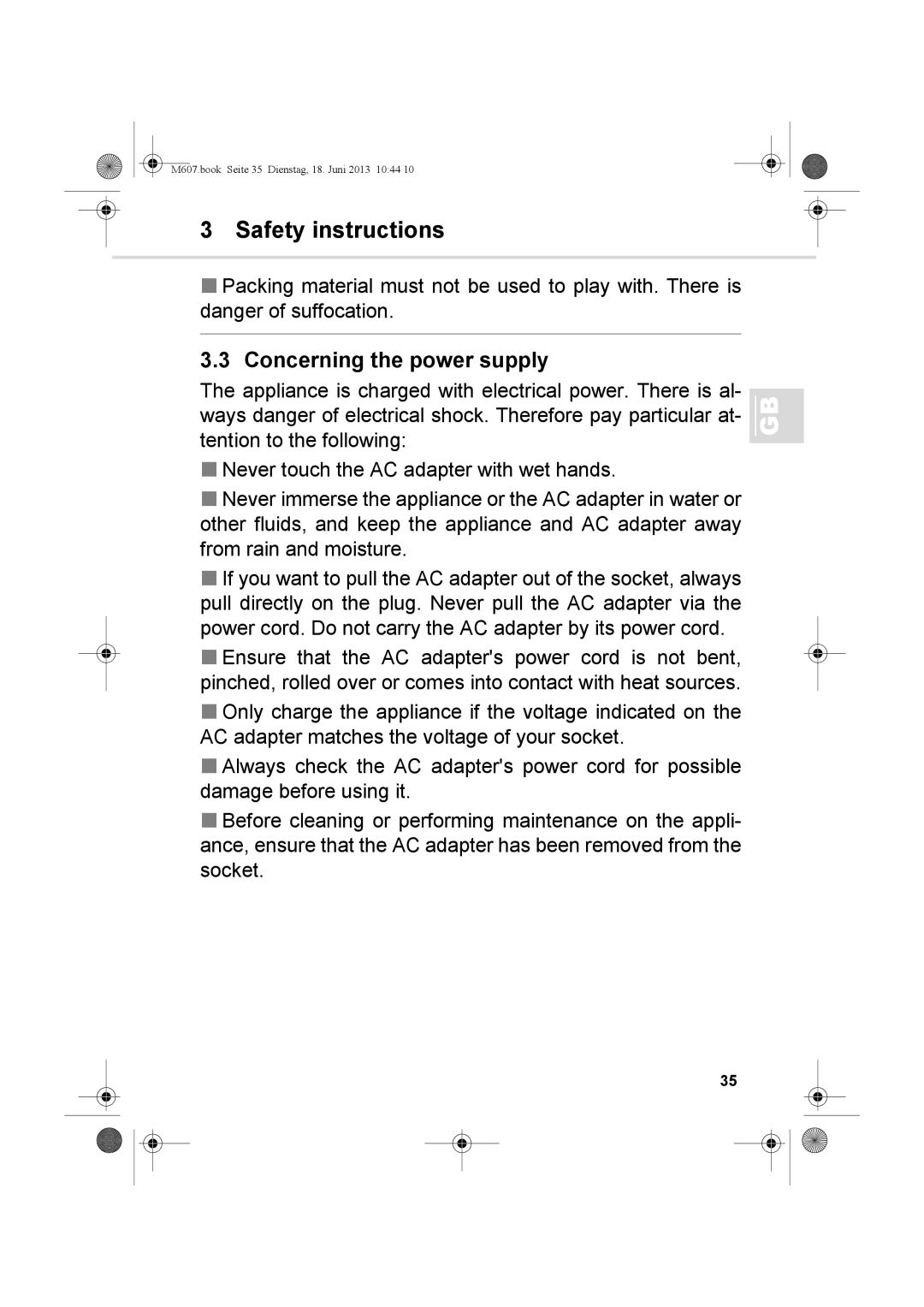 Dirt Devil m607 manual Concerning the power supply 