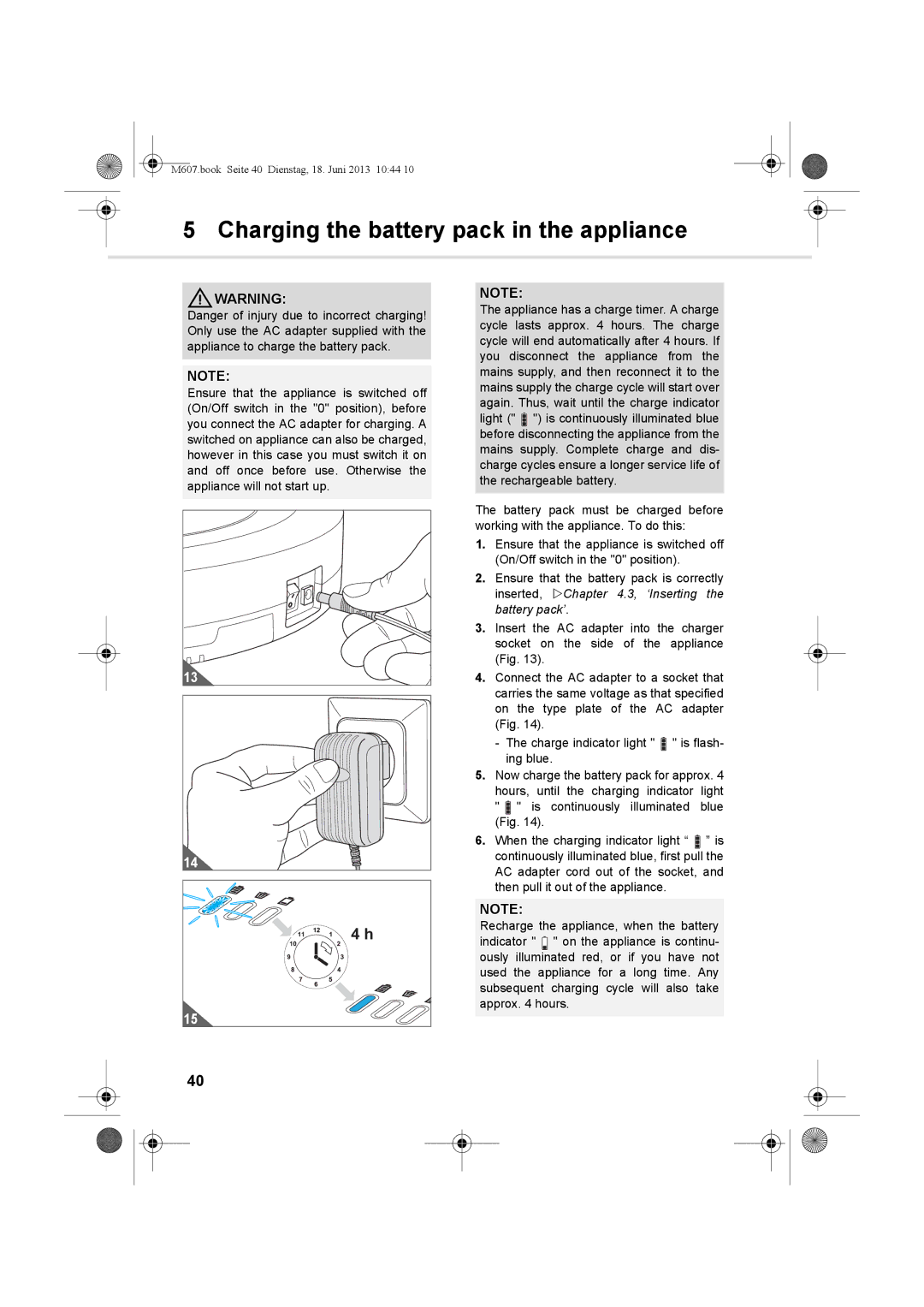 Dirt Devil m607 manual Charging the battery pack in the appliance 