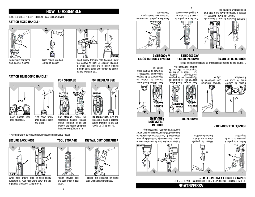 Dirt Devil UD20005BDI, UD20005EBN, UD20005DI, UD20005BSP, 960-009-627 owner manual HOW to Assemble, Assemblage 