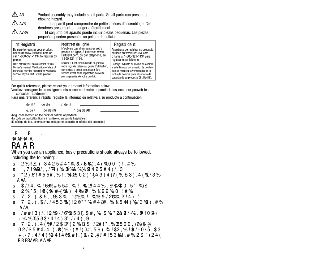 Dirt Devil UD20015 Important Safety Instructions, Defects or Other Reproductive HARM. Wash Hands After Using, 800 321 