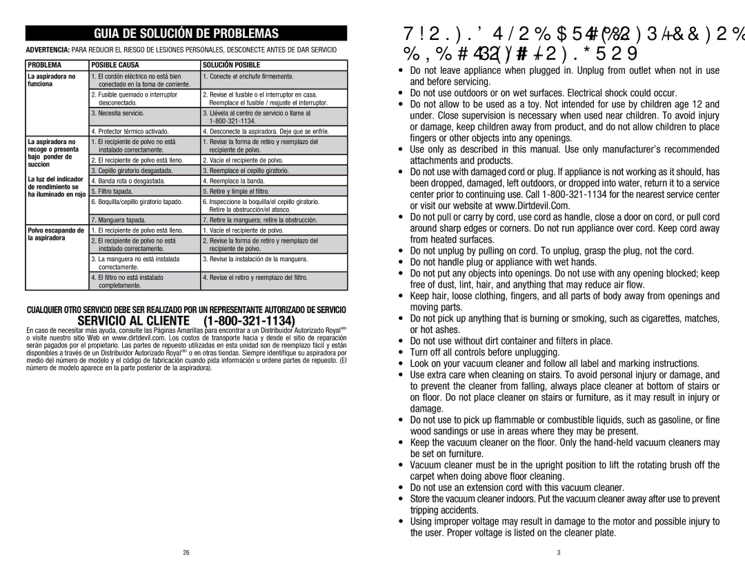 Dirt Devil UD20015 owner manual Guia DE Solución DE Problemas, Servicio AL Cliente, Problema Posible Causa SOLUCIÓN POSIBLE 