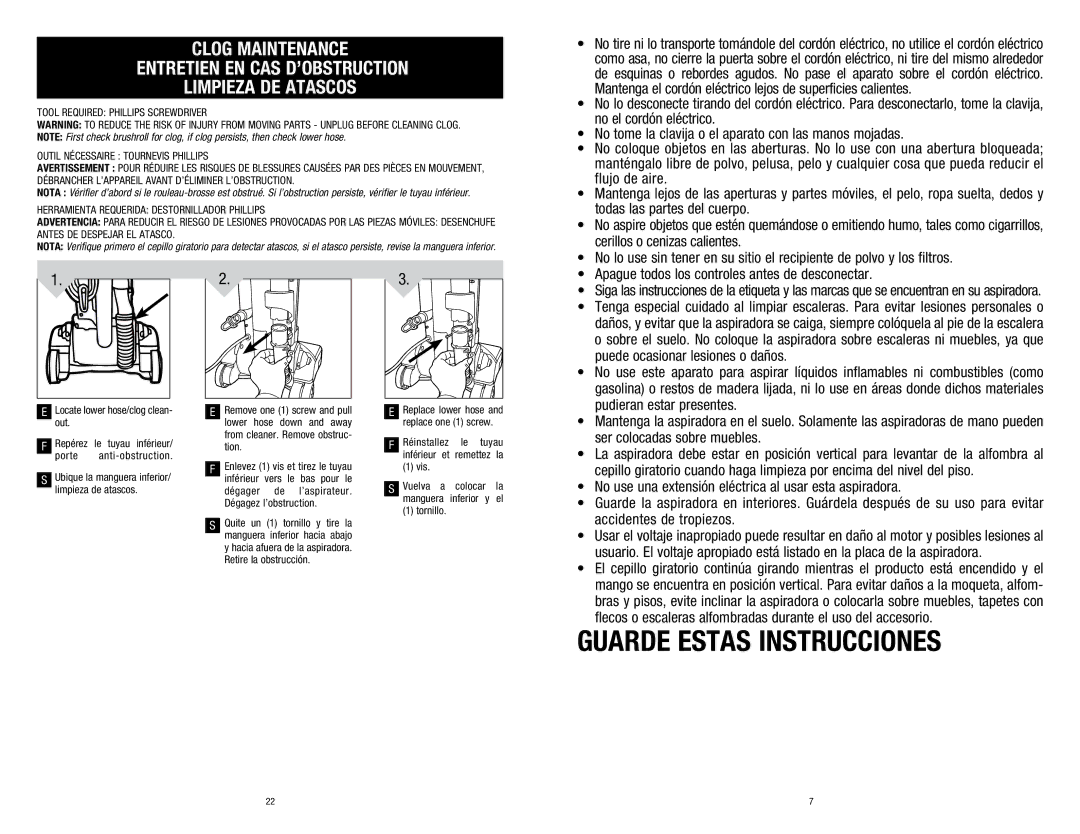 Dirt Devil UD20015 owner manual Guarde Estas Instrucciones, Vis, Tornillo, Vuelva a colocar la manguera inferior y el 