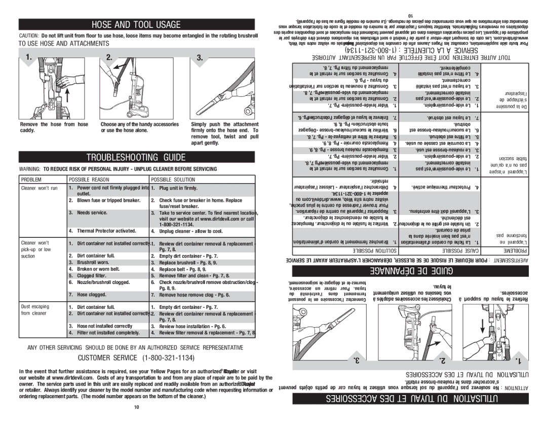 Dirt Devil UD40195 Hose and Tool Usage, Troubleshooting Guide, To USE Hose and Attachments, Clientèle LA À Service 