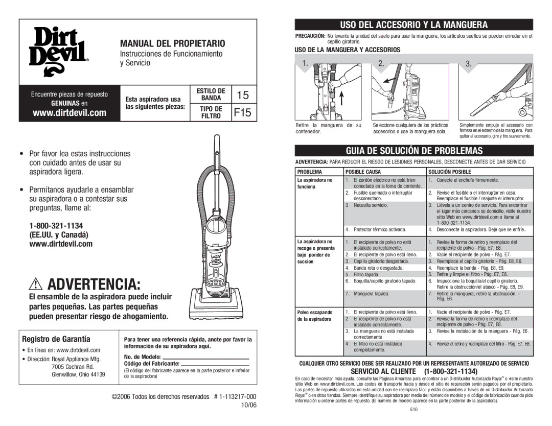 Dirt Devil UD40195 USO DEL Accesorio Y LA Manguera, Guia DE Solución DE Problemas, USO DE LA Manguera Y Accesorios 