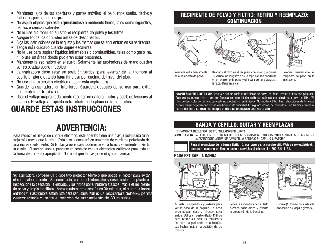 Dirt Devil UD40195, 1-113217-000 owner manual Continuación, Banda Y Cepillo Quitar Y Reemplazar 