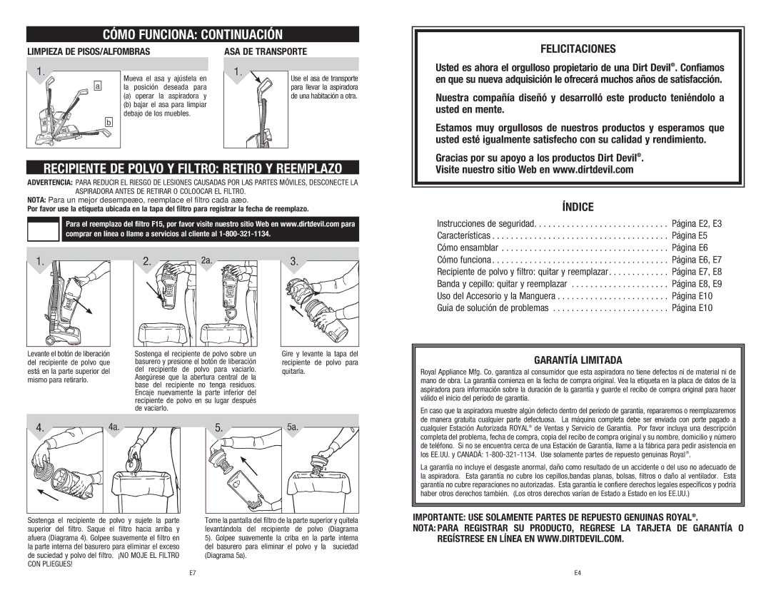 Dirt Devil 1-113217-000, UD40195 owner manual Cómo Funciona Continuación, Limpieza DE PISOS/ALFOMBRAS ASA DE Transporte 