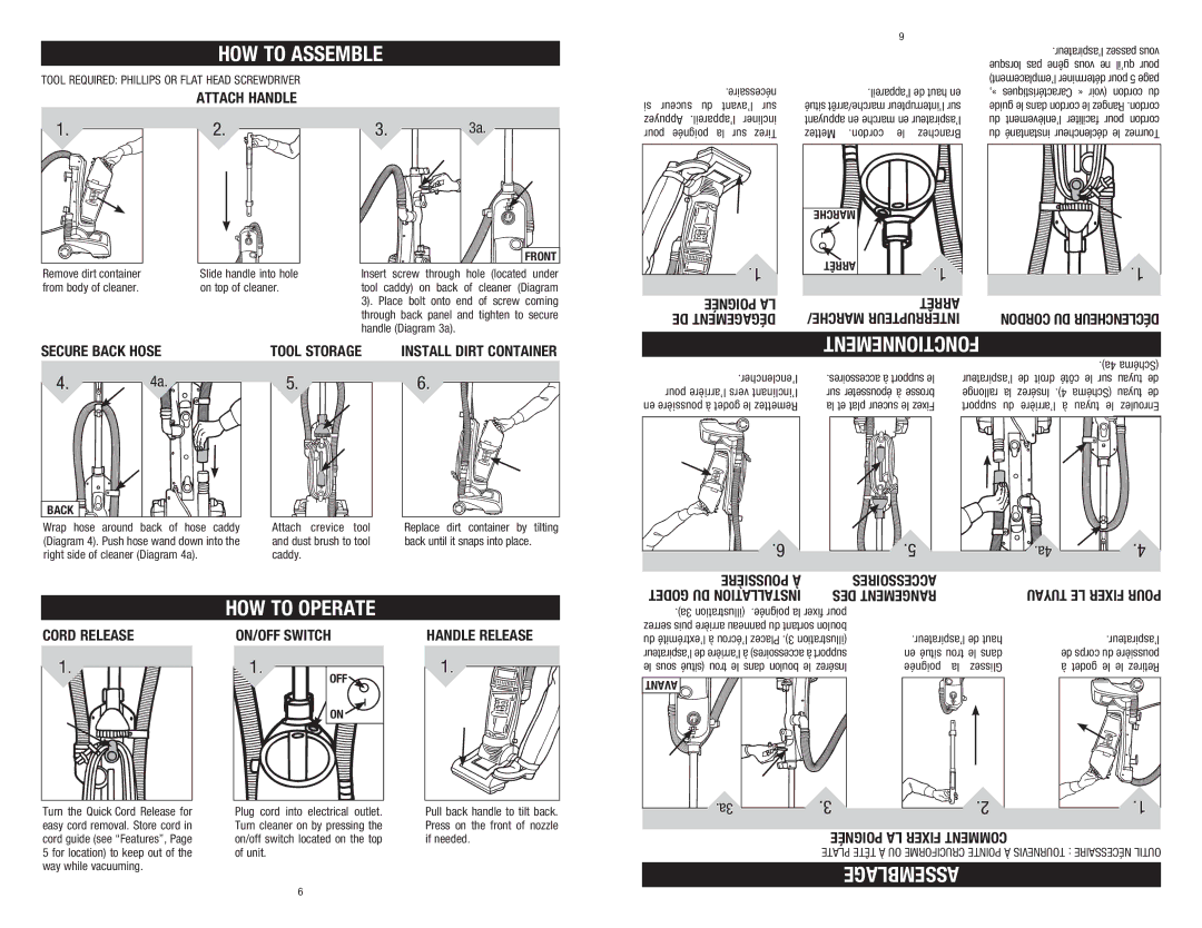 Dirt Devil UD40195, 1-113217-000 owner manual HOW to Assemble, Fonctionnement, HOW to Operate, Assemblage 