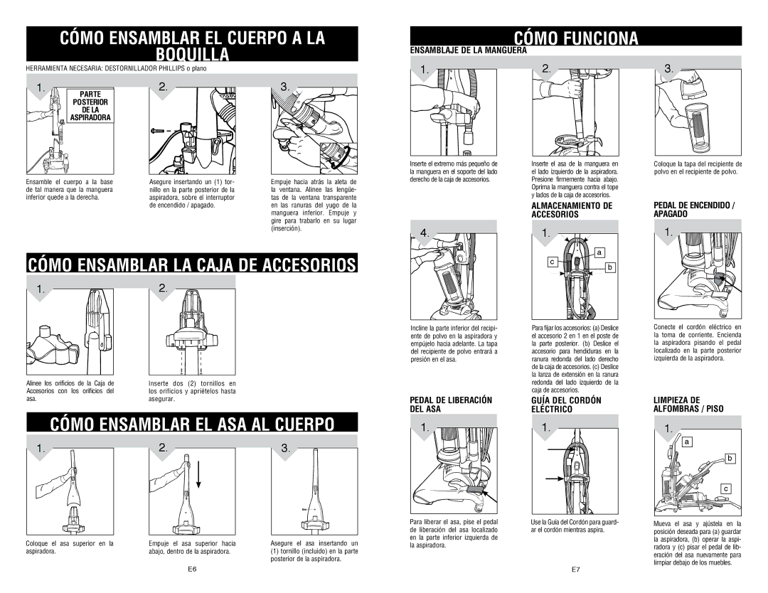 Dirt Devil 1-113354-000 Cómo Ensamblar EL Cuerpo a LA Boquilla, Cómo Funciona, Cómo Ensamblar EL ASA AL Cuerpo, Accesorios 