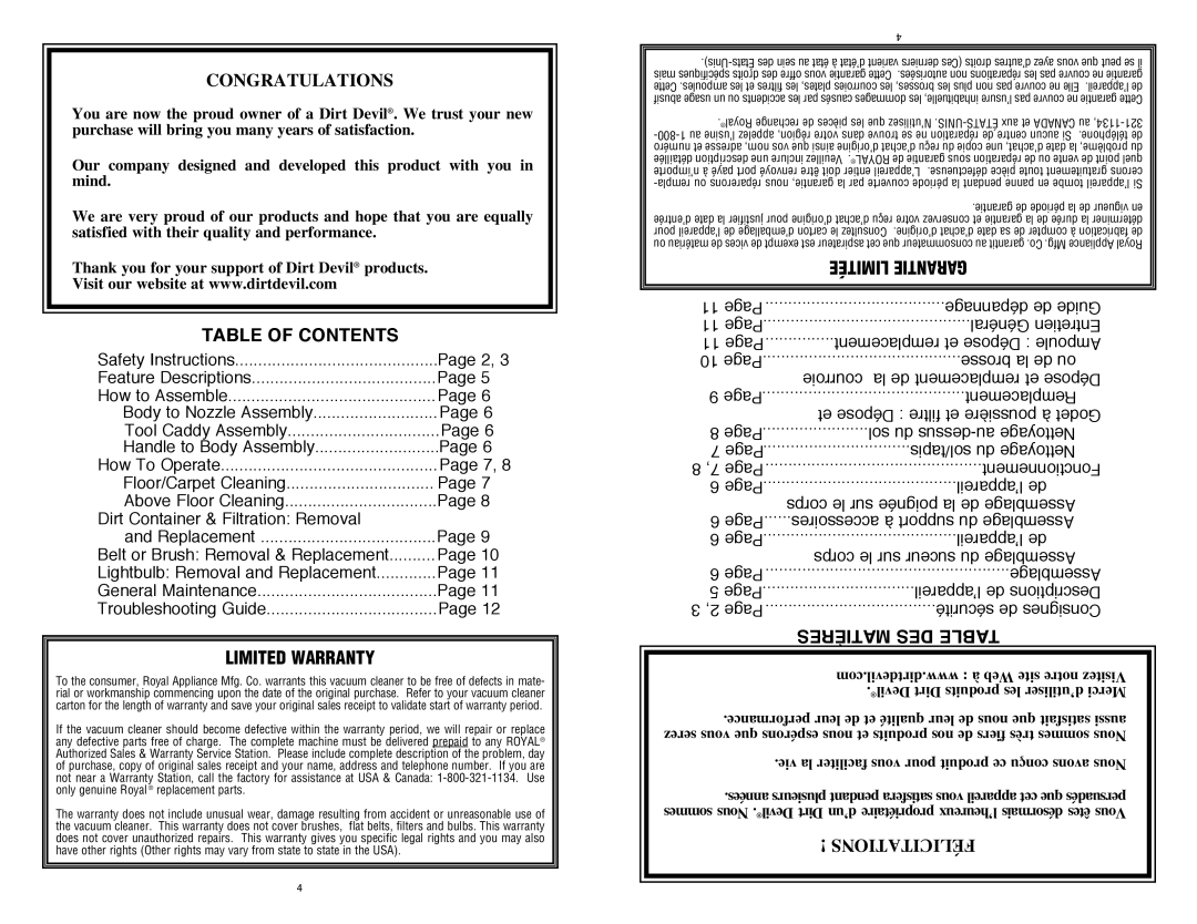 Dirt Devil UD40235HD, UD40235B, UD40235DI, 1-113354-000 owner manual Table of Contents 