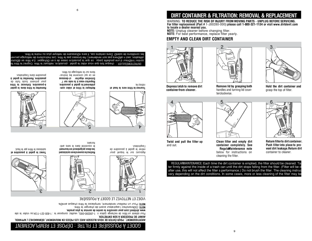 Dirt Devil UD40235HD, UD40235B, UD40235DI, 1-113354-000 owner manual Empty and Clean Dirt Container 