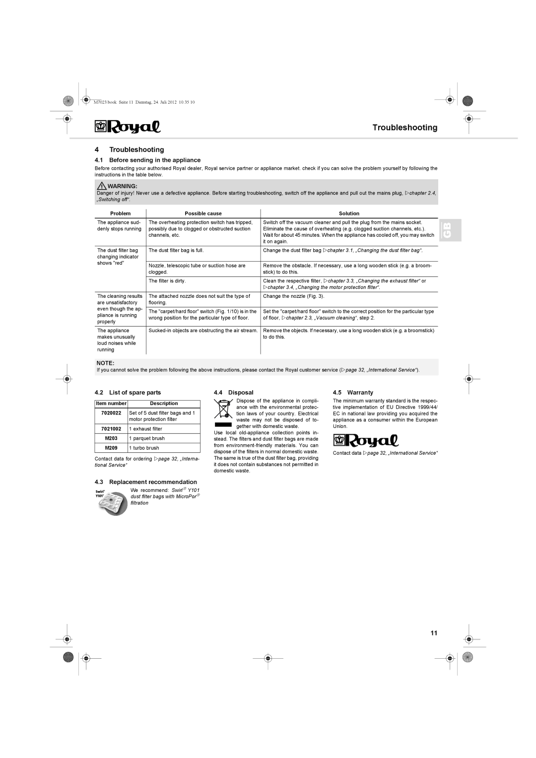 Dirt Devil V101 manual Troubleshooting 