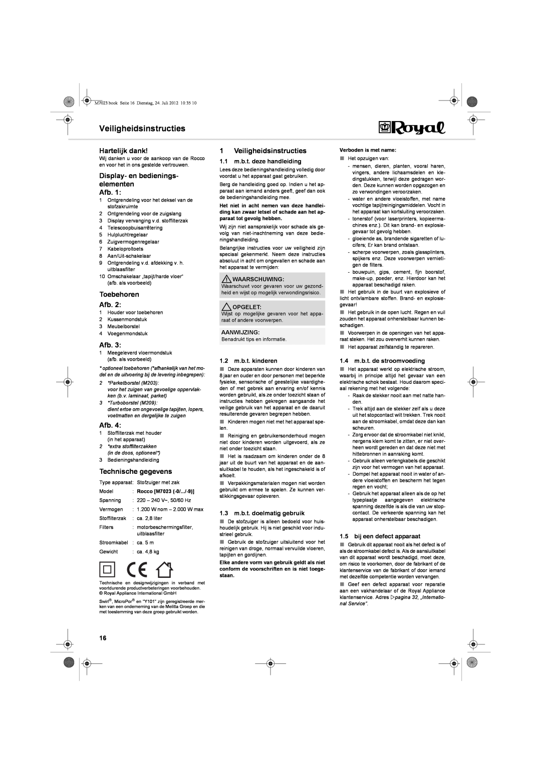Dirt Devil V101 manual Veiligheidsinstructies, Hartelijk dank, Display- en bedienings- elementen Afb, Toebehoren Afb 