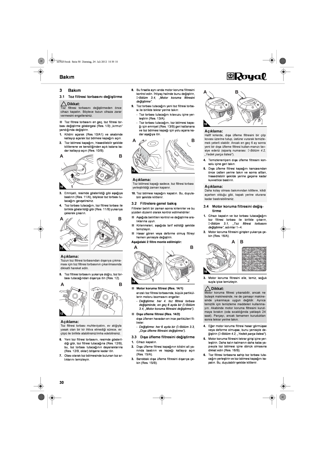 Dirt Devil V101 manual 3 Bakım, 3.1Toz filtresi torbasını değiştirme Dikkat, Açıklama, 3.2Filtrelere genel bakış 