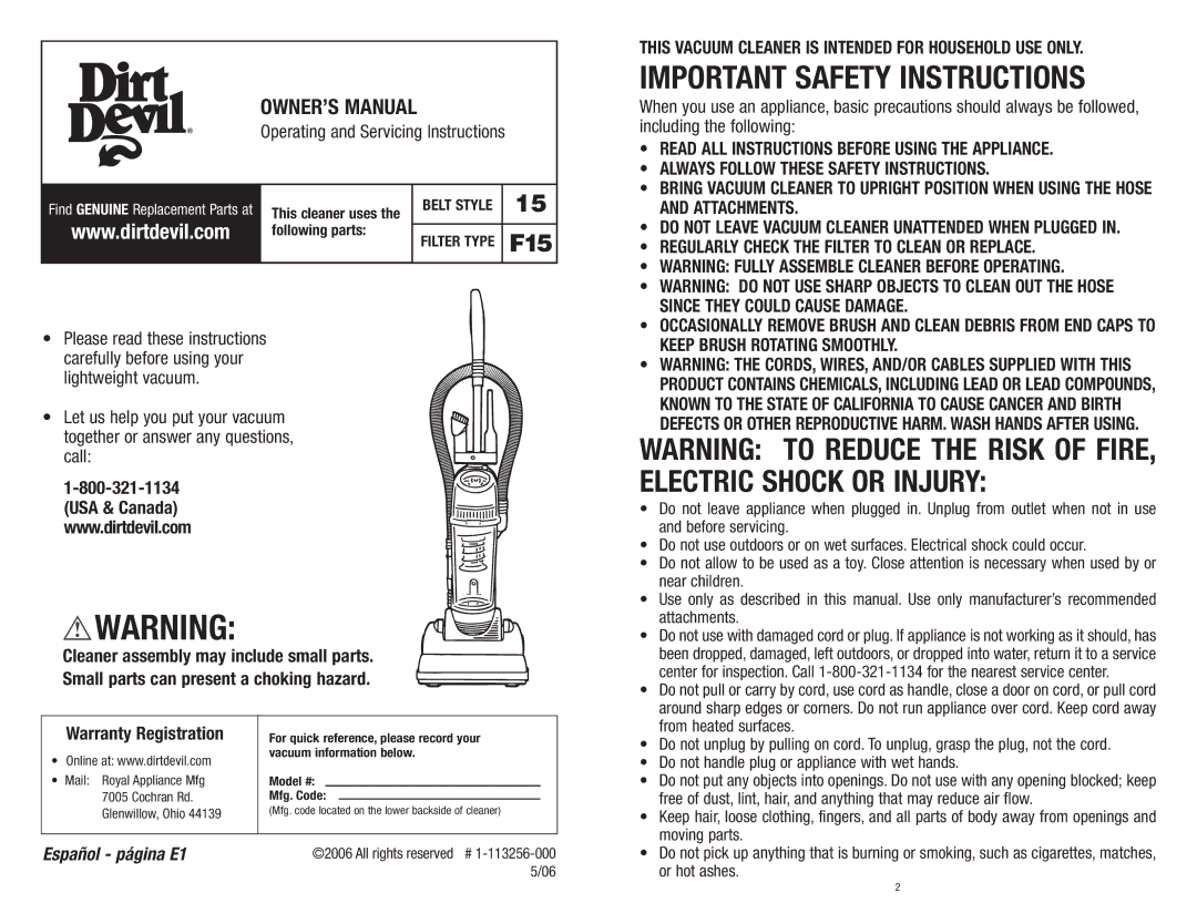 Dirt Devil Vacuum owner manual F15, Regularly Check the Filter to Clean or Replace 