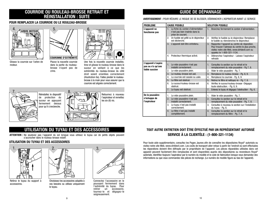 Dirt Devil Vacuum owner manual Réinstallation Suite, Guide DE Dépannage, Utilisation DU Tuyau ET DES Accessoires 