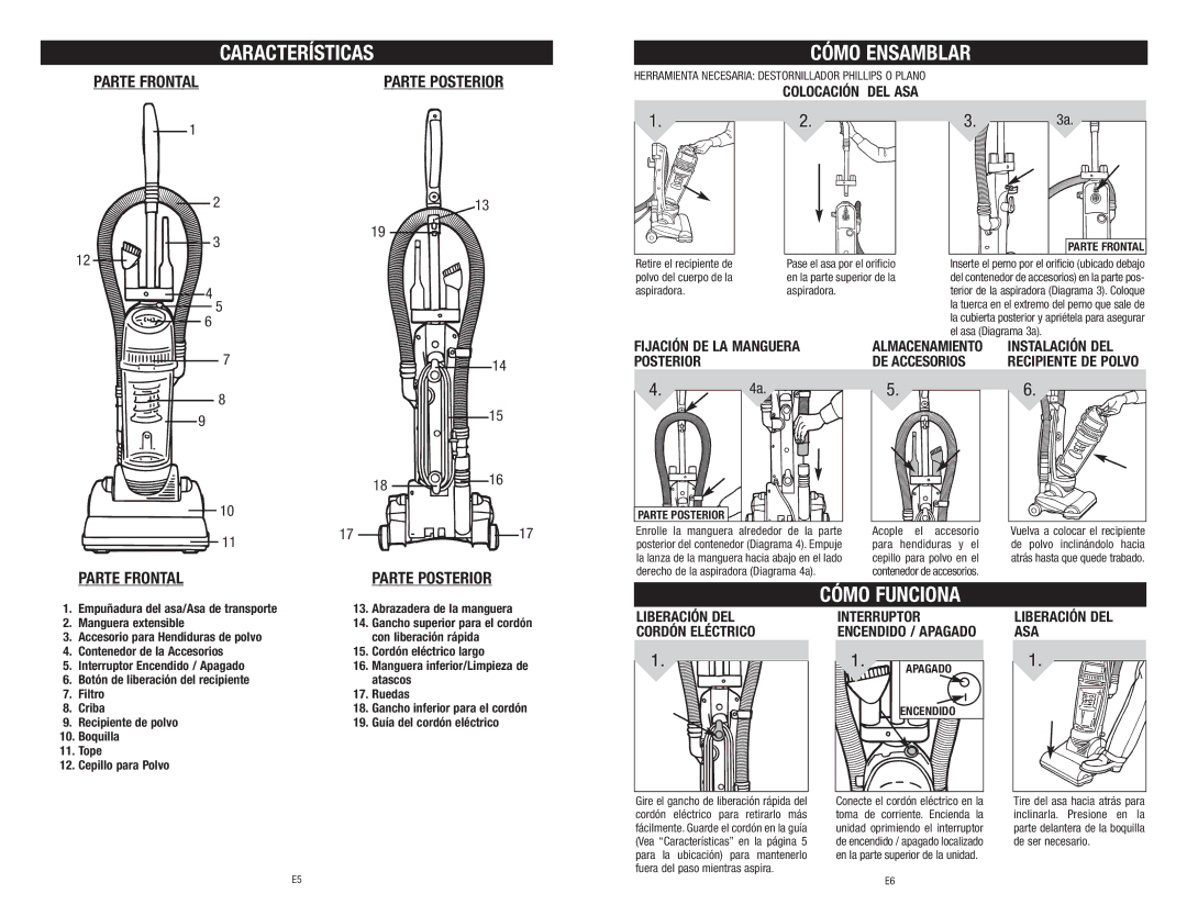 Dirt Devil Vacuum owner manual Cómo Ensamblar, Cómo Funciona, Parte Frontal Parte Posterior 