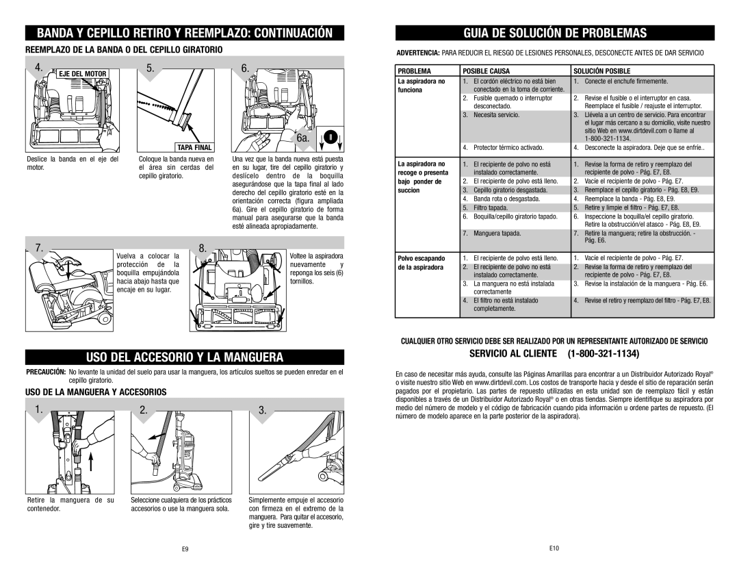 Dirt Devil Vacuum Guia DE Solución DE Problemas, USO DEL Accesorio Y LA Manguera, USO DE LA Manguera Y Accesorios 