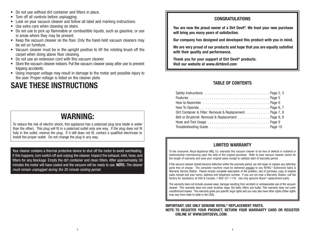 Dirt Devil Vacuum owner manual Congratulations, Table of Contents, Limited Warranty 