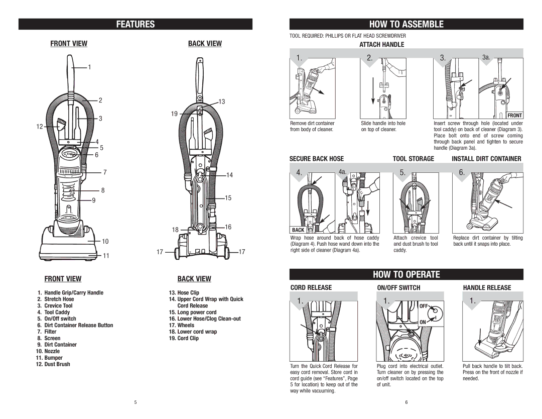 Dirt Devil Vacuum owner manual Features HOW to Assemble, Front View Back View 