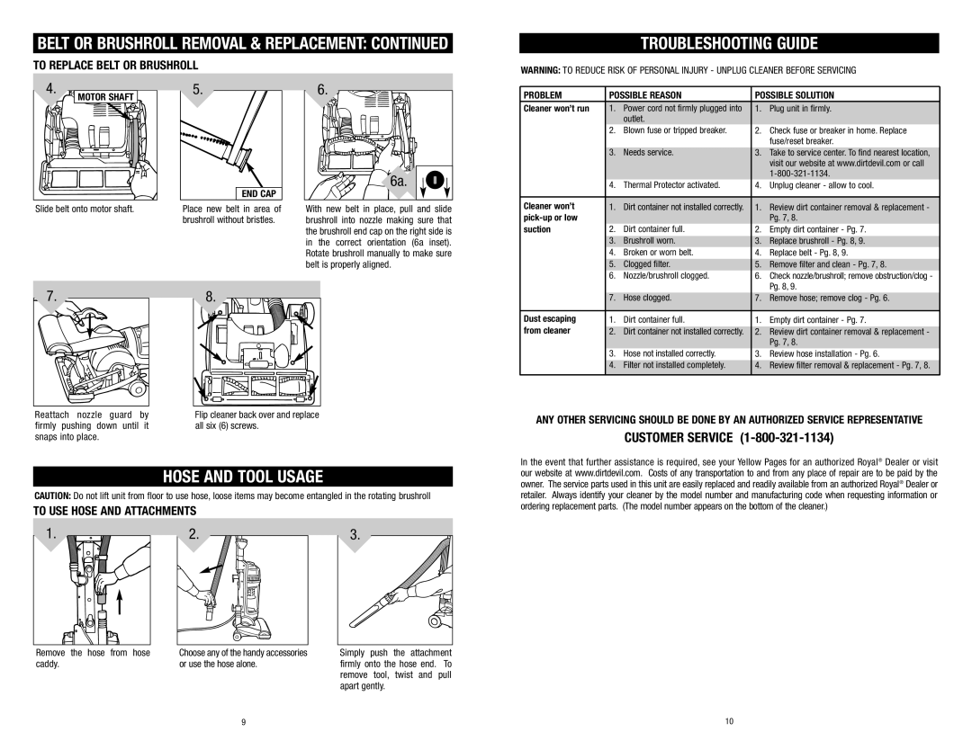 Dirt Devil Vacuum Troubleshooting Guide, Hose and Tool Usage, To Replace Belt or Brushroll, To USE Hose and Attachments 