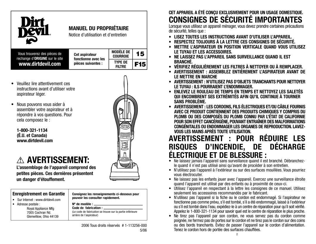 Dirt Devil Vacuum owner manual LE Tuyau ILS Pourraient L’ENDOMMAGER, Filtre, Courroie, Type DE 