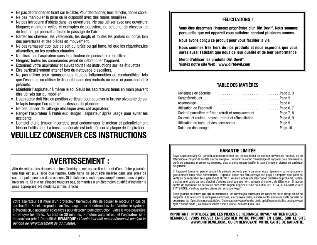 Dirt Devil Vacuum owner manual Félicitations, Table DES Matières, Garantie Limitée 