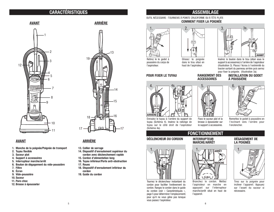 Dirt Devil Vacuum owner manual Assemblage, Avant Arrière, Comment Fixer LA Poignée, Accessoires 