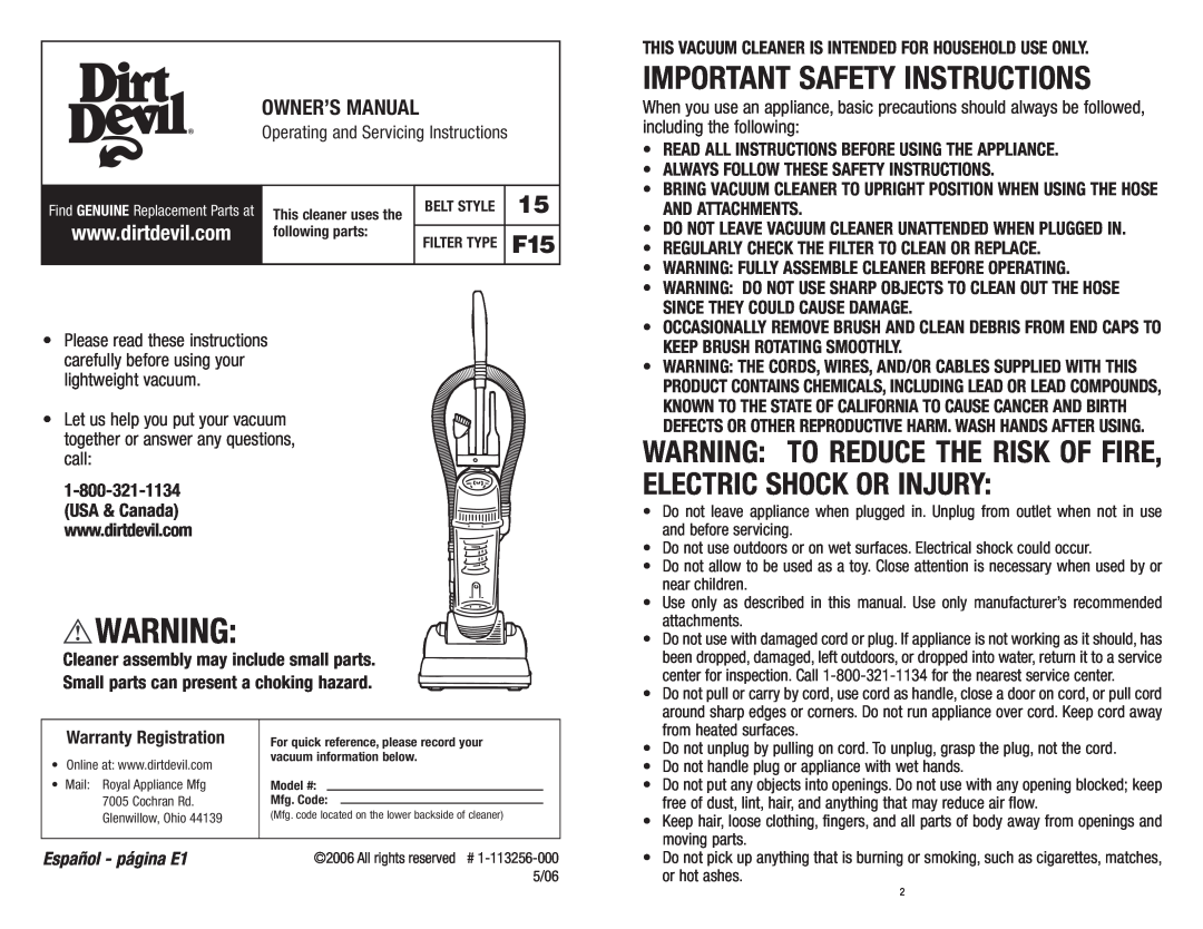 Dirt Devil Vacuum owner manual Owner’S Manual, Operating and Servicing Instructions, Warranty Registration 