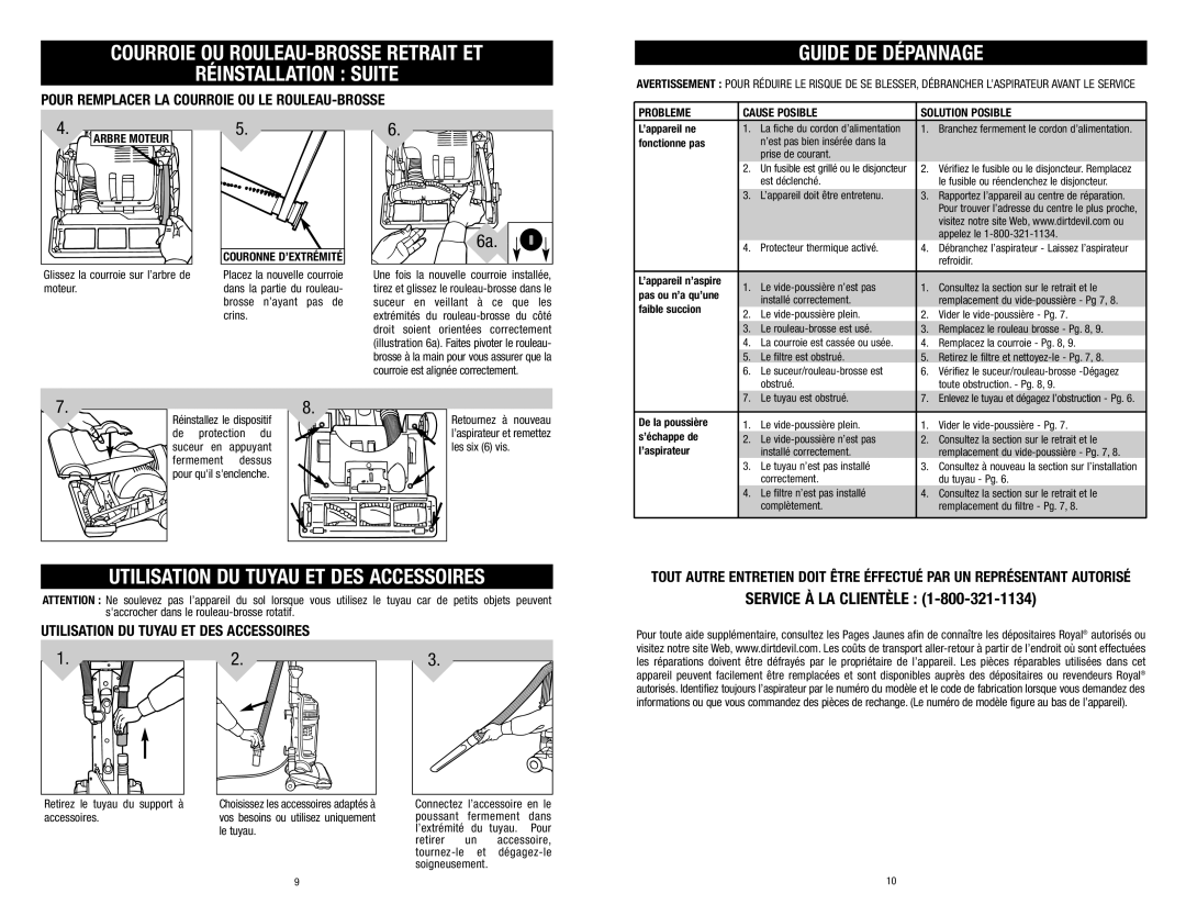 Dirt Devil Vacuum owner manual Réinstallation Suite, Guide De Dépannage, Utilisation Du Tuyau Et Des Accessoires 