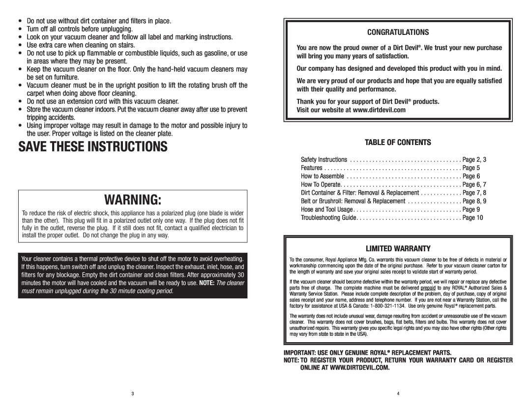 Dirt Devil Vacuum owner manual Save These Instructions, Congratulations, Table Of Contents, Limited Warranty 