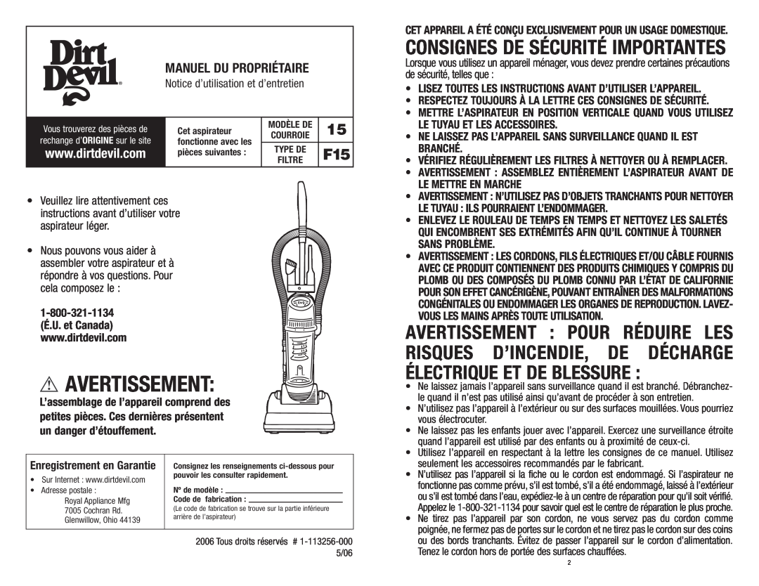 Dirt Devil Vacuum owner manual Avertissement, Manuel Du Propriétaire, Notice d’utilisation et d’entretien, aspirateur léger 
