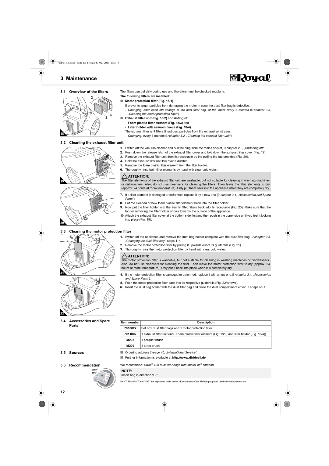 Dirt Devil Y05 manual Maintenance, Overview of the filters, Cleaning the exhaust filter unit, Description 