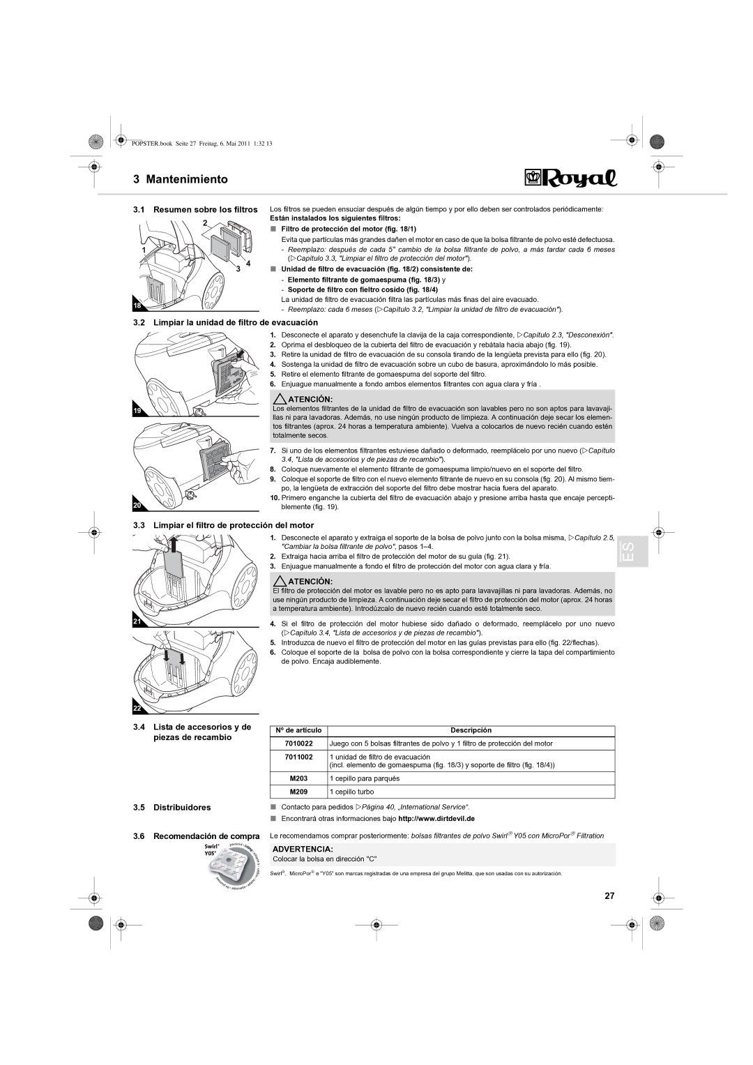 Dirt Devil Y05 manual Mantenimiento, Resumen sobre los filtros, Limpiar la unidad de filtro de evacuación 