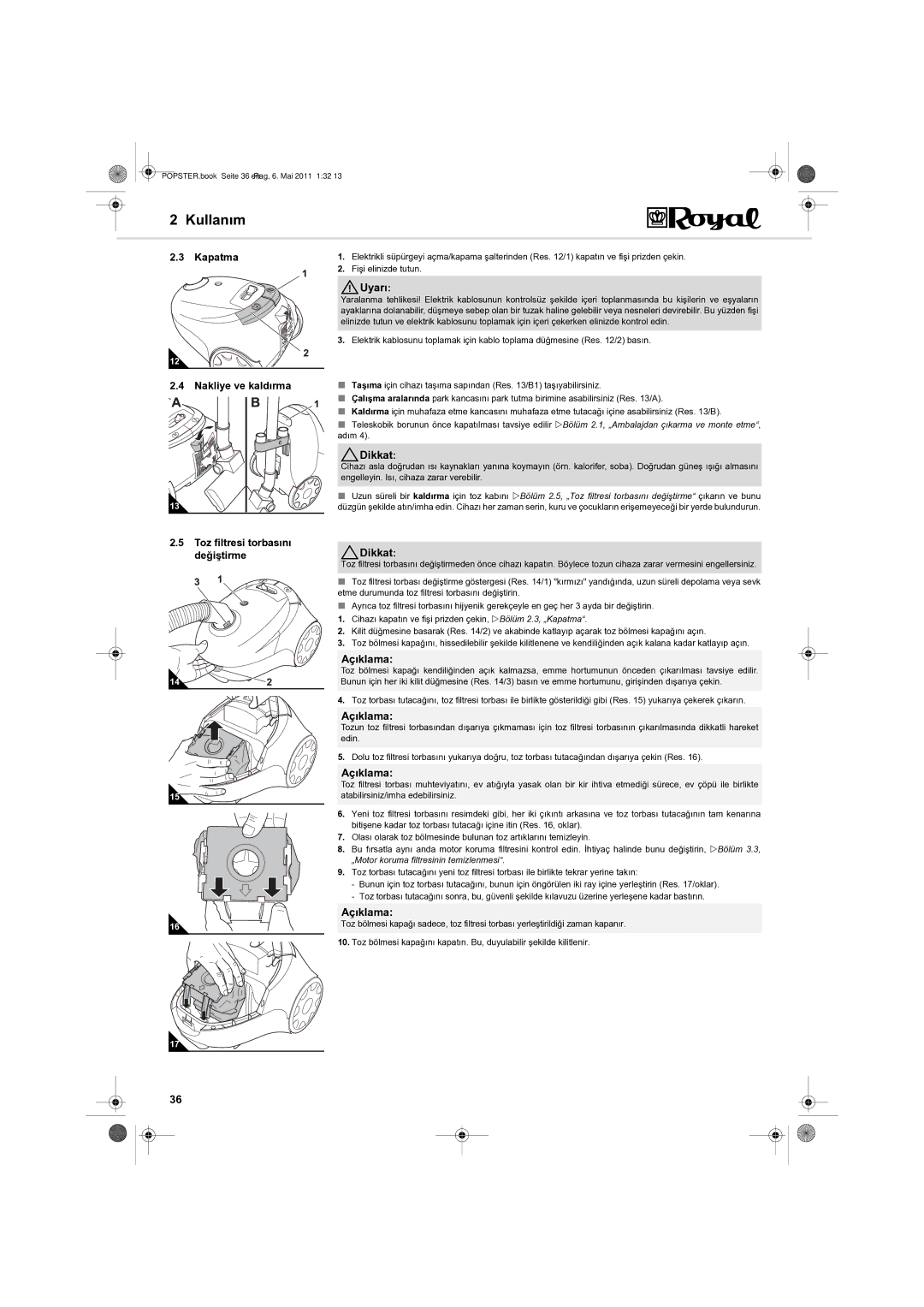 Dirt Devil Y05 manual Kapatma, Nakliye ve kaldırma 