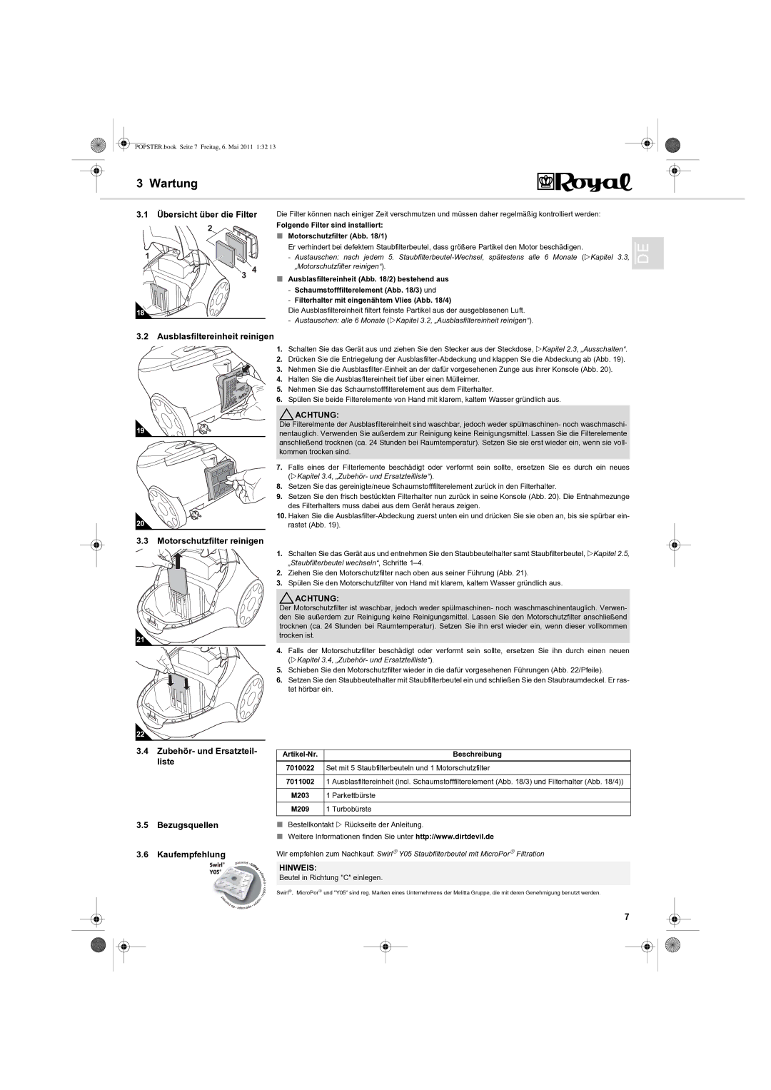 Dirt Devil Y05 manual Wartung, Übersicht über die Filter, Ausblasfiltereinheit reinigen 