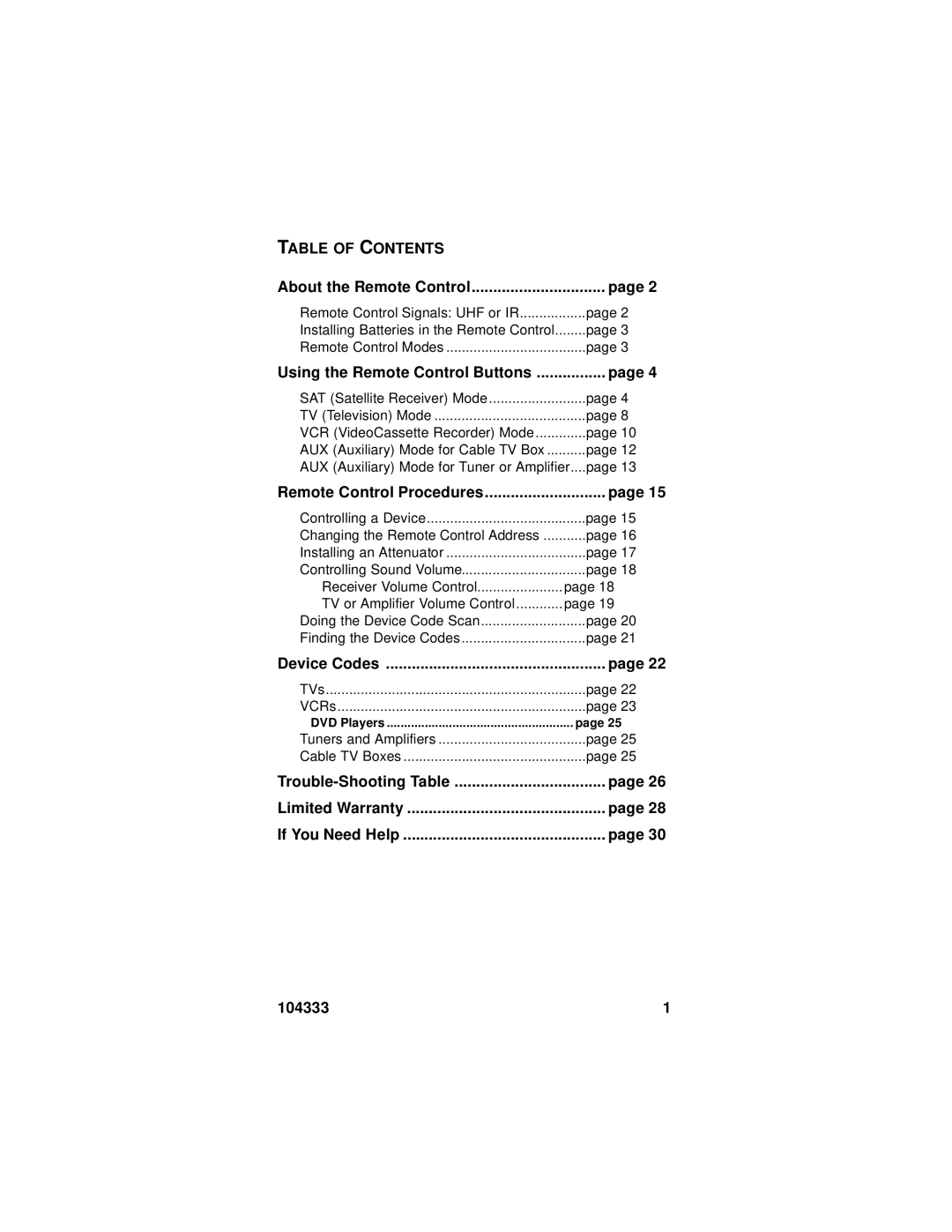 Dish Network 104333 warranty Table of Contents 