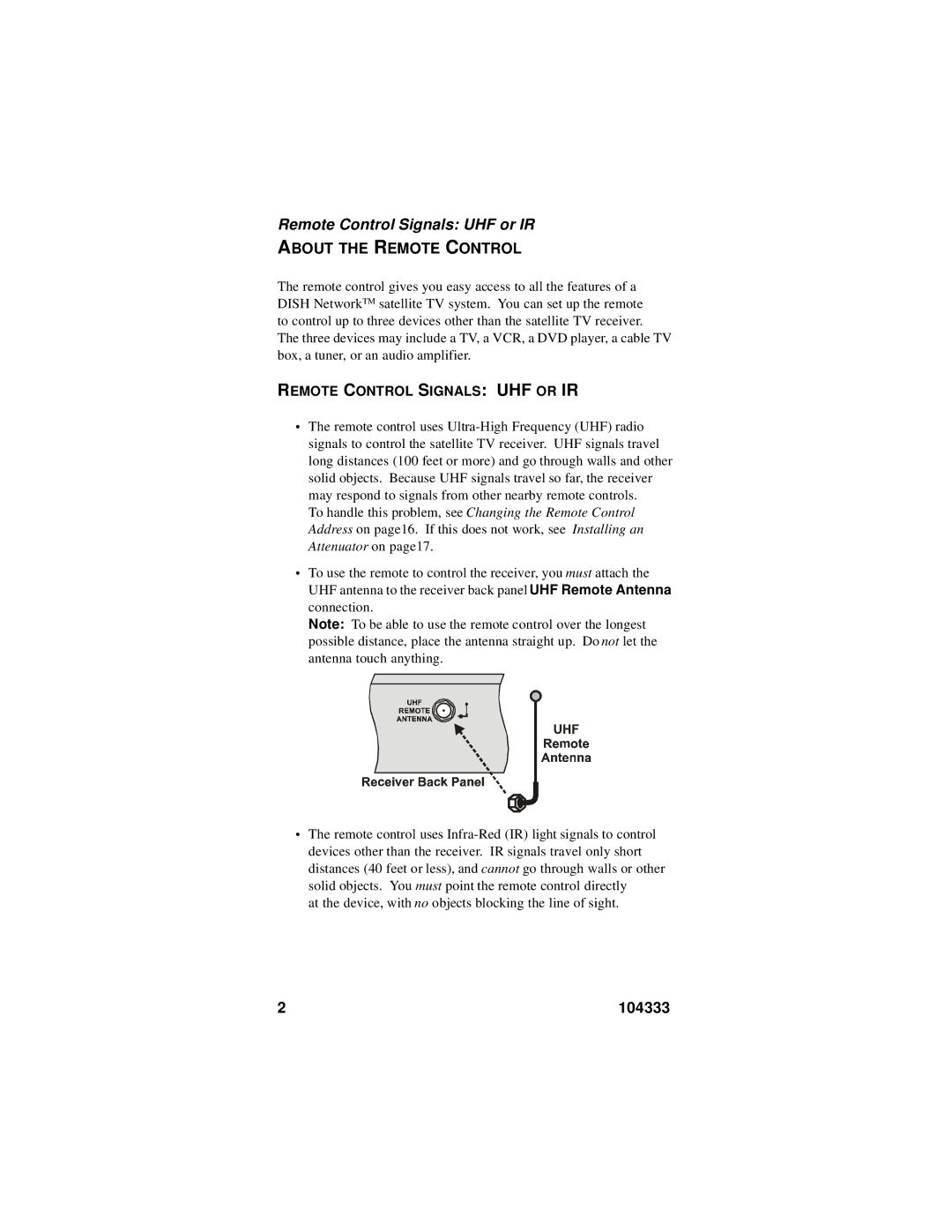 Dish Network 104333 warranty Remote Control Signals UHF or IR, About the Remote Control 