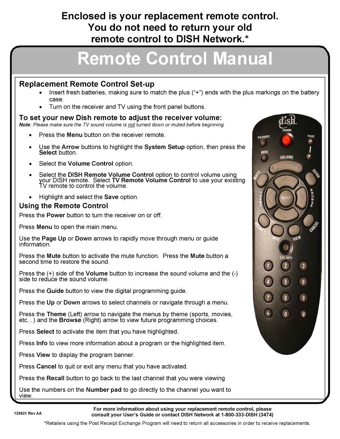 Dish Network 1.5 manual Enclosed is your replacement remote control, Replacement Remote Control Set-up 