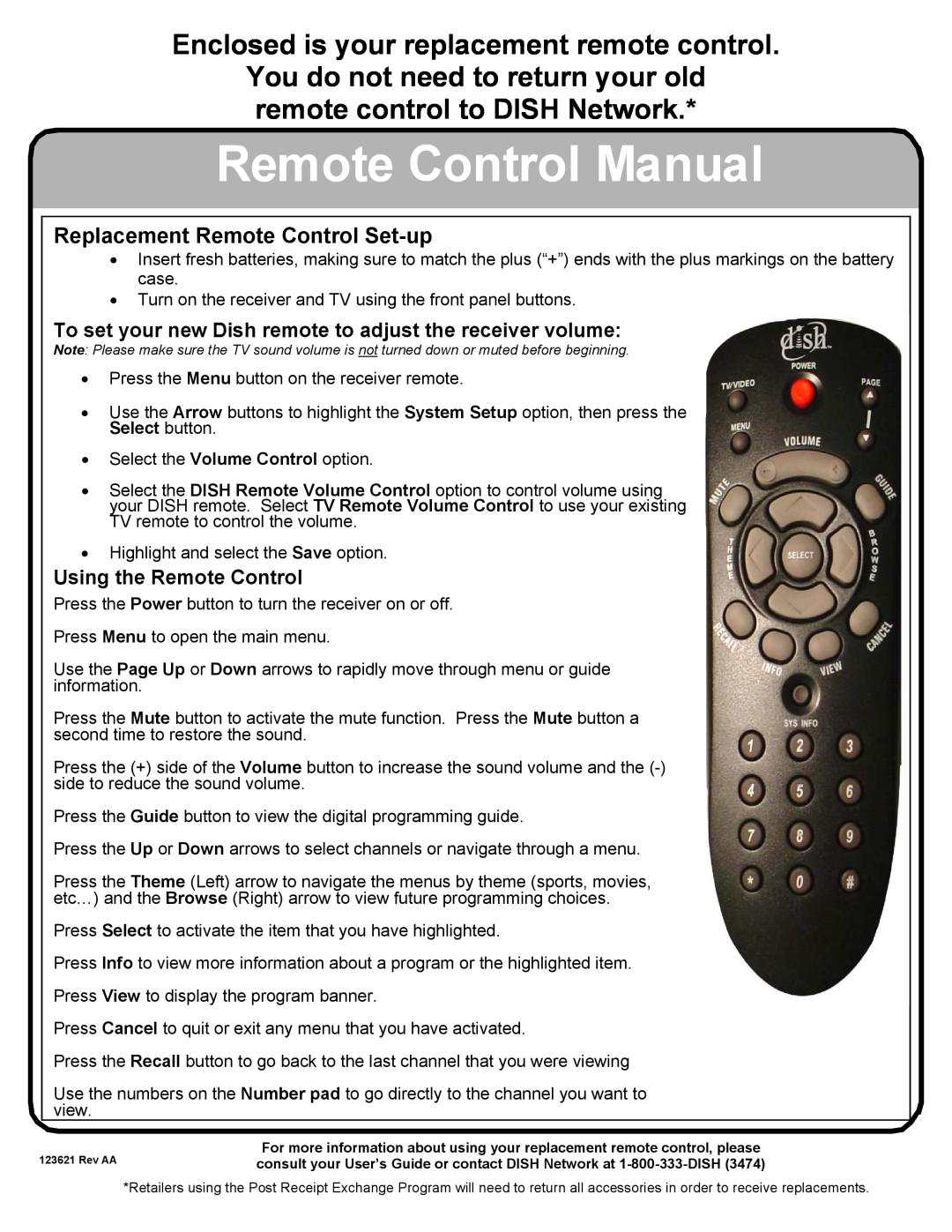 Dish Network 1.5 manual Enclosed is your replacement remote control, Replacement Remote Control Set-up 