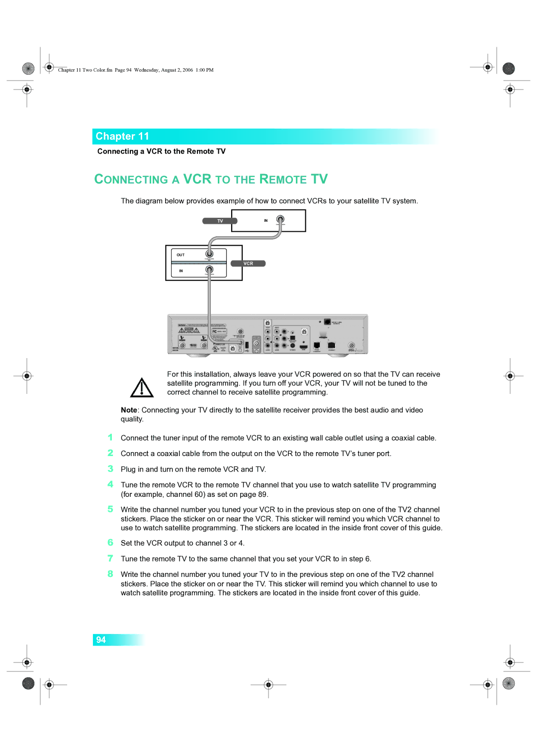 Dish Network 222 manual Connecting a VCR to the Remote TV 