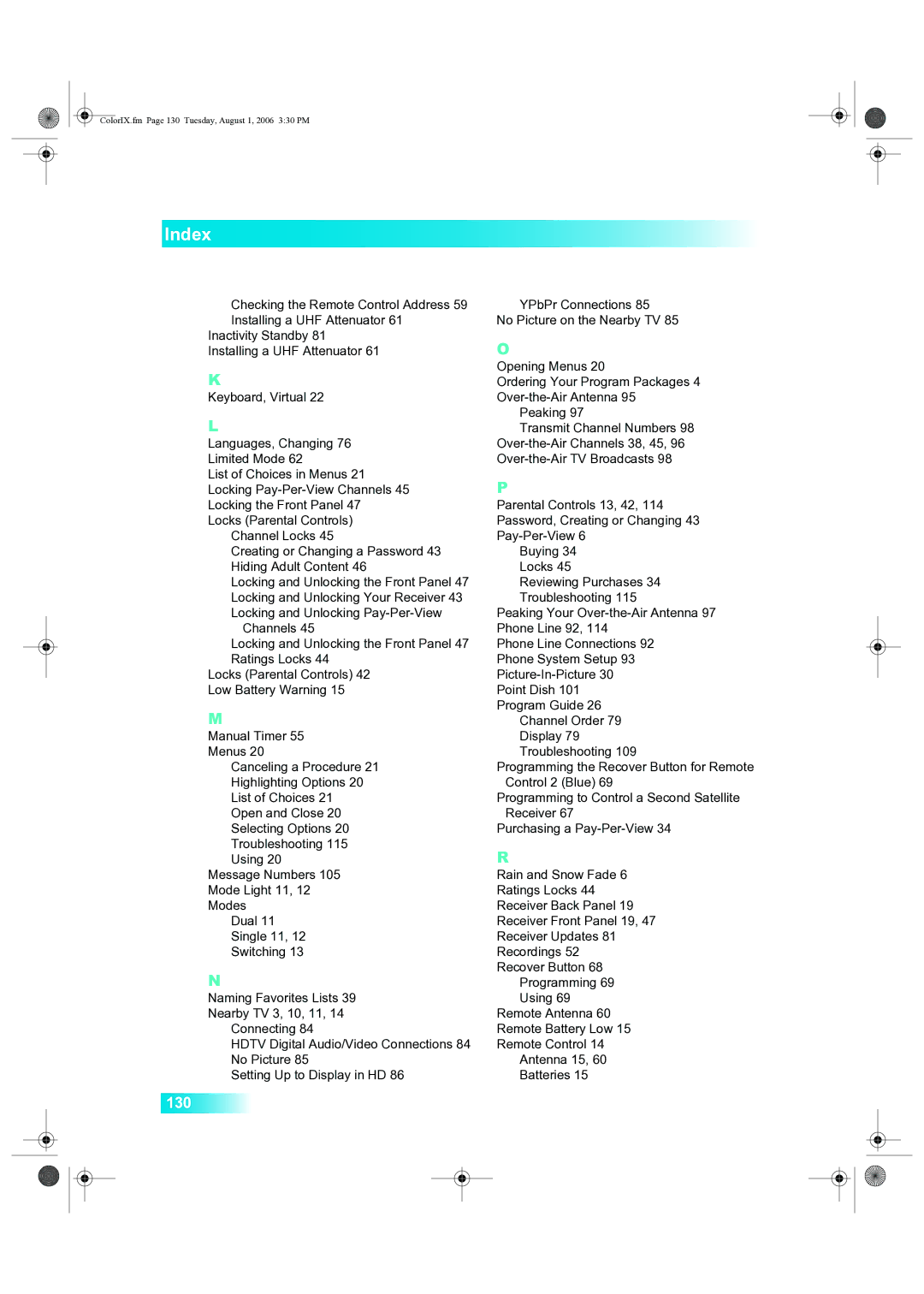 Dish Network 222 manual Index 