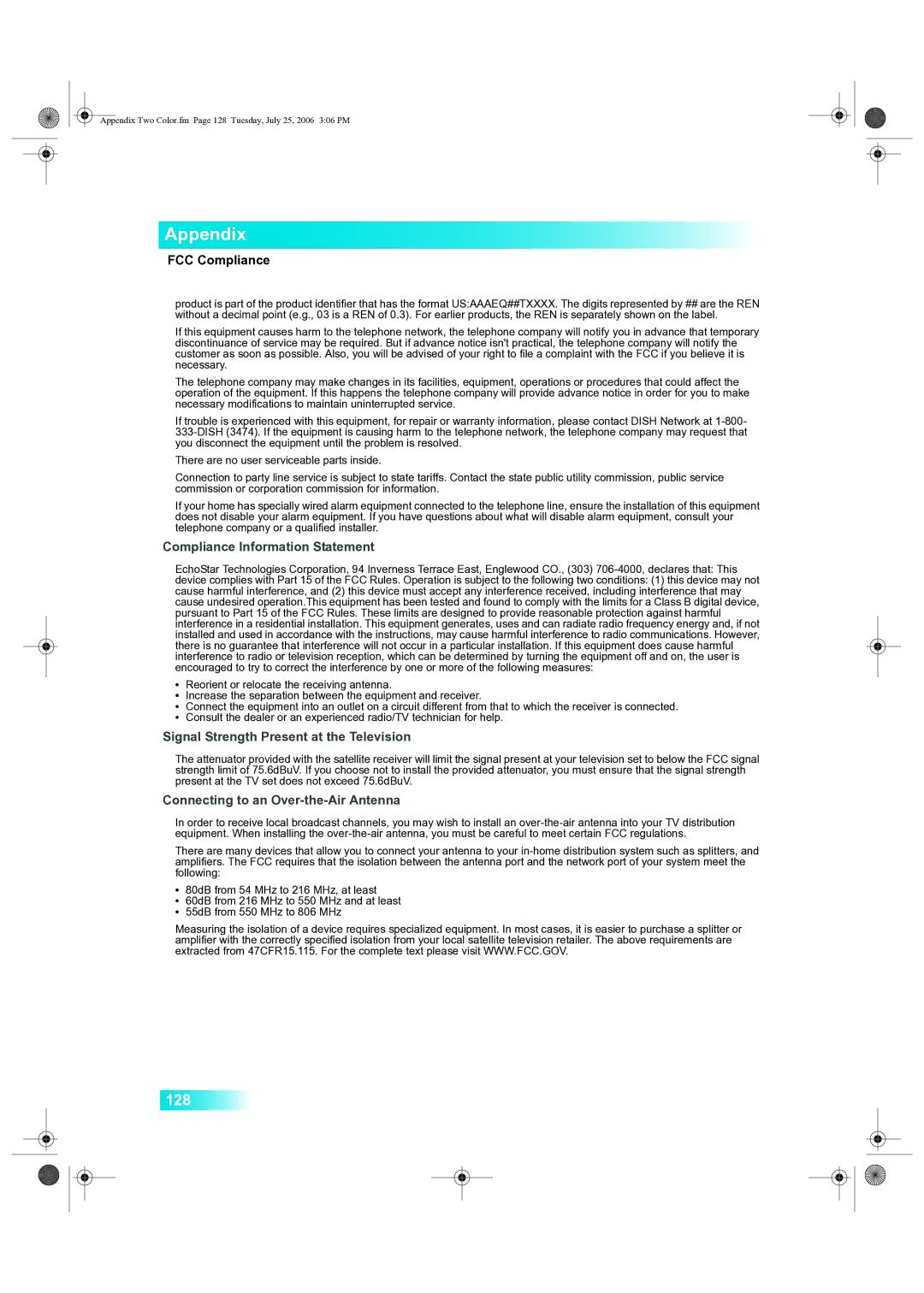 Dish Network 222 manual FCC Compliance, Compliance Information Statement 