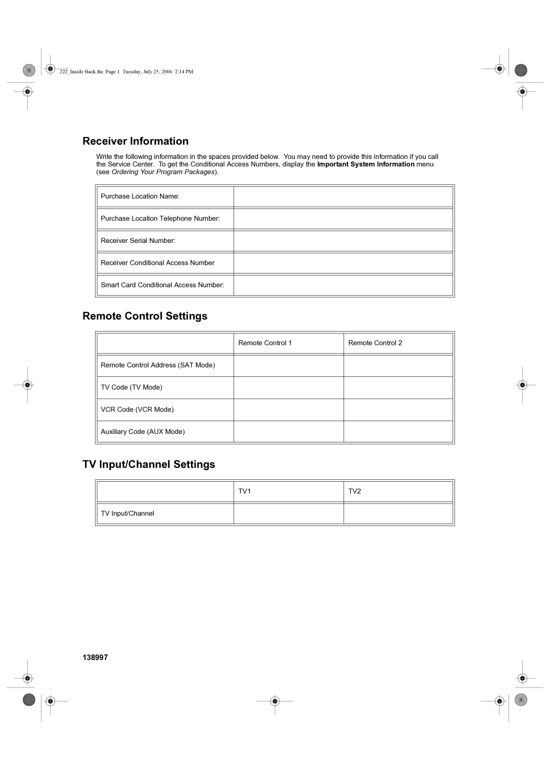 Dish Network 222 manual Receiver Information, Remote Control Settings, TV Input/Channel Settings, 138997 