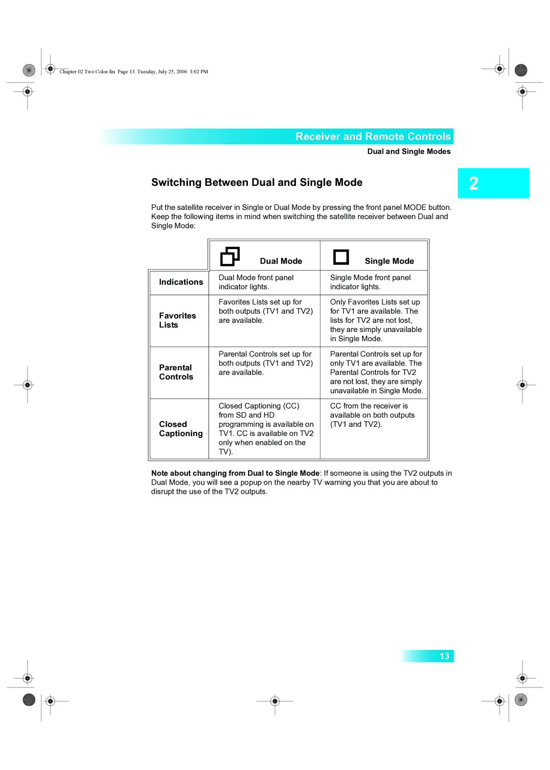 Dish Network 222 manual Switching Between Dual and Single Mode, Dual Mode Single Mode Indications 