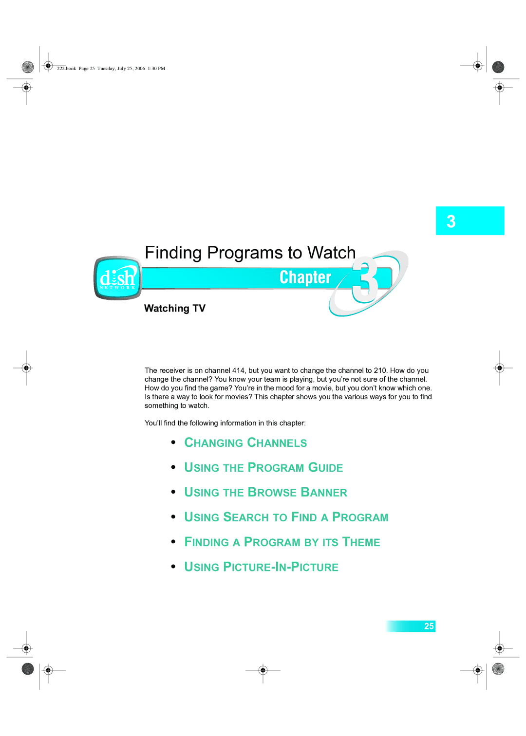 Dish Network 222 manual Finding Programs to Watch, Watching TV 