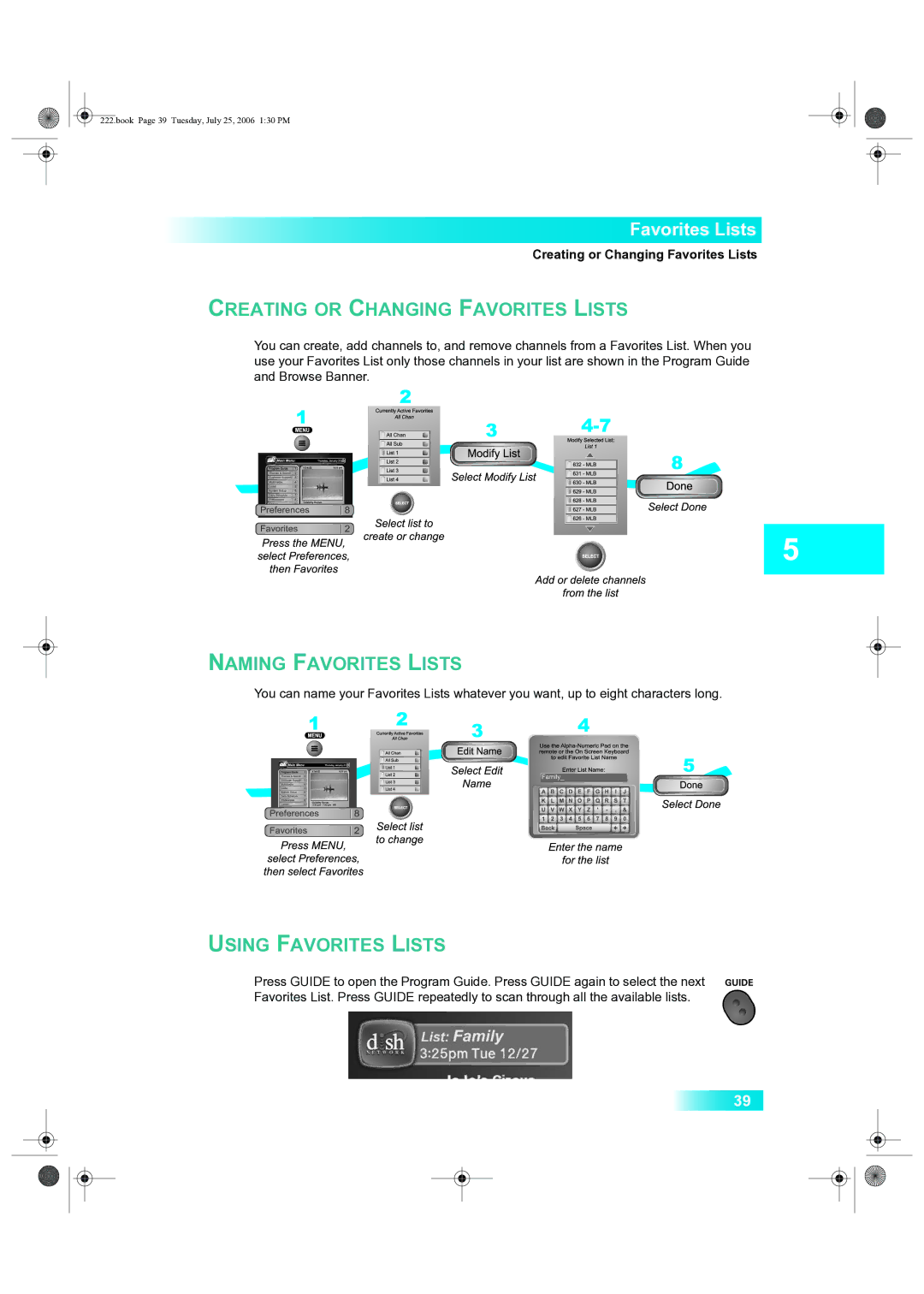 Dish Network 222 manual Creating or Changing Favorites Lists 